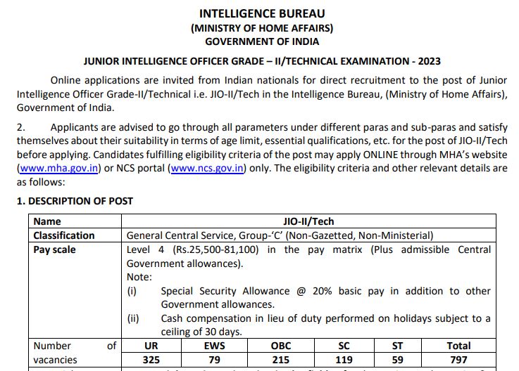 Intelligence Bureau Recruitment 2023